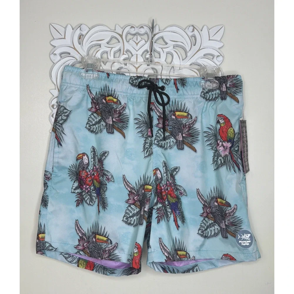 Psycho Tuna Tropical Birds Swim Trunks Men's Medium Aqua Parrot Beach Resort NWT